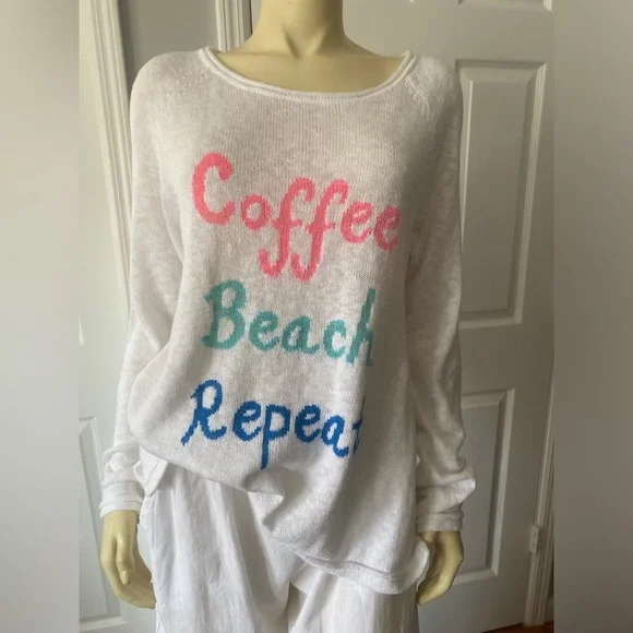 Lilly Pulitzer White Sweater with Colorful Text  COFFEE BEACH REPEAT/ Size L - Picture 3 of 10